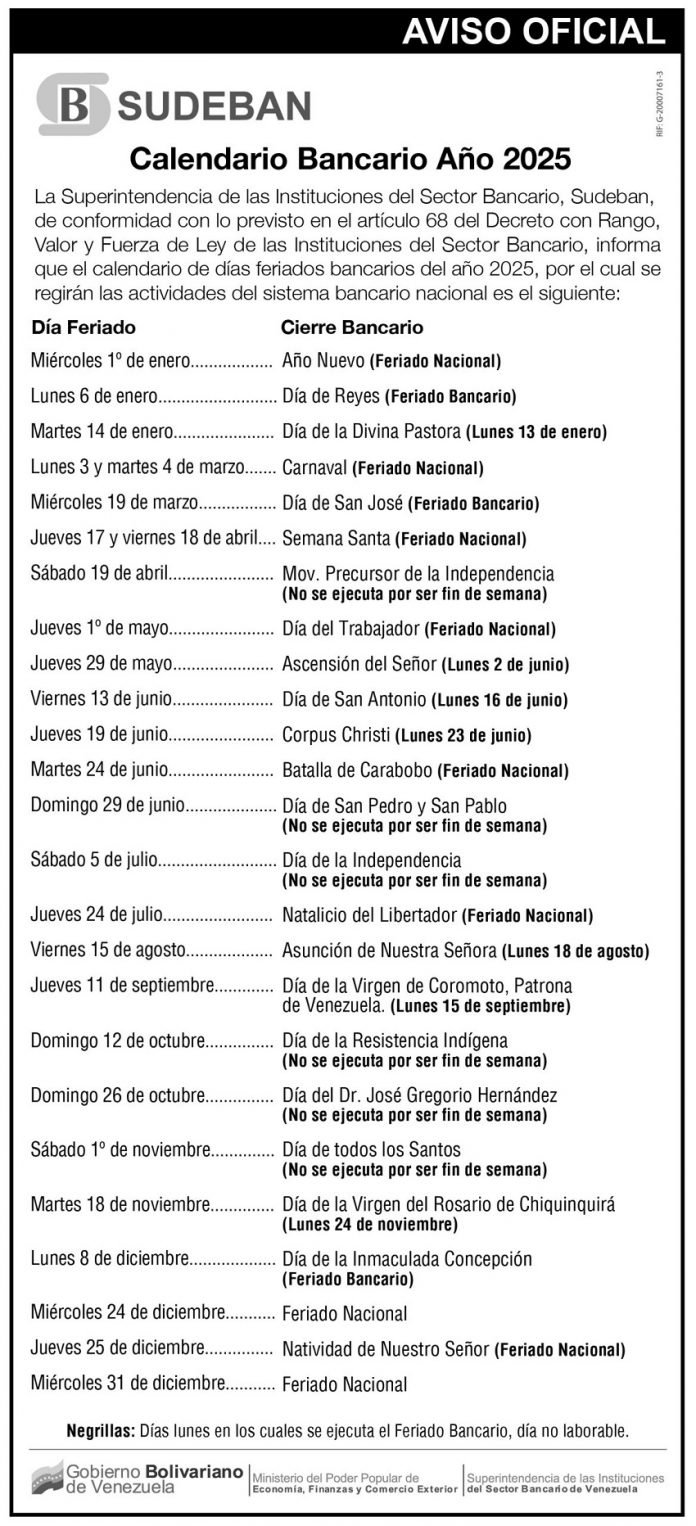 Oficial Calendario Bancario Publicado Por La Sudeban