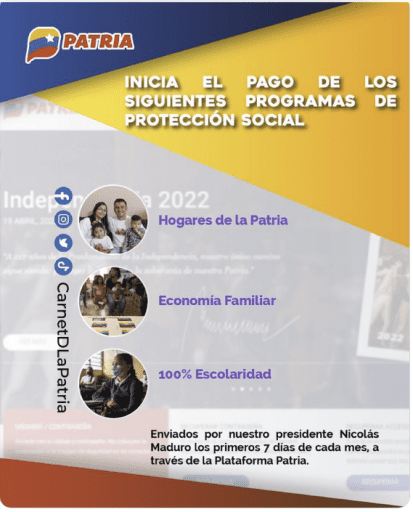 Sistema Patria paga programas de protección social de mayo