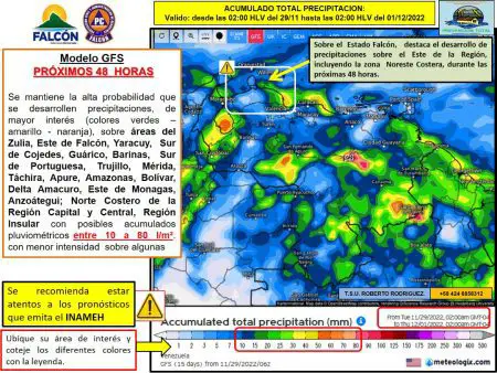 Inameh pronostica 48 horas más de lluvias en Falcón