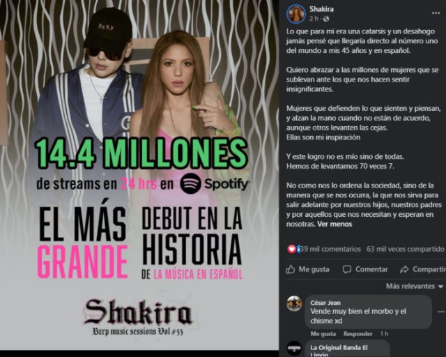 Shakira celebra su nuevo éxito mundial con este mensaje
