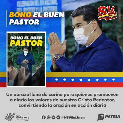 Inicia pago del bono "El Buen Pastor" en Patria este 27Mar