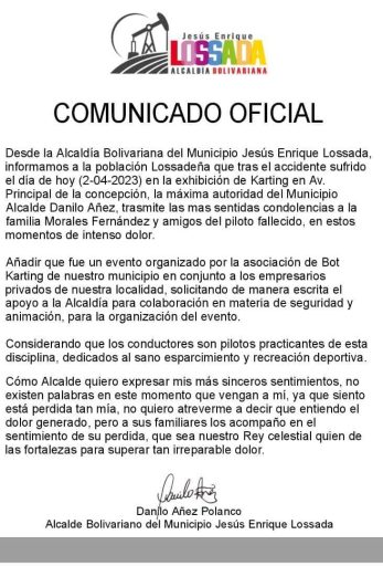 La muerte llegó para dañar la competencia de Karting en municipio Jesús Enrique Lossada del estado Zulia. Un adolescente falleció al volante. 