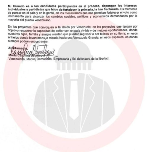 María Carolina Uzcátegui dejó claro que lamenta que el proceso electoral opositor, a su juicio, esté siendo utilizado por intereses.
