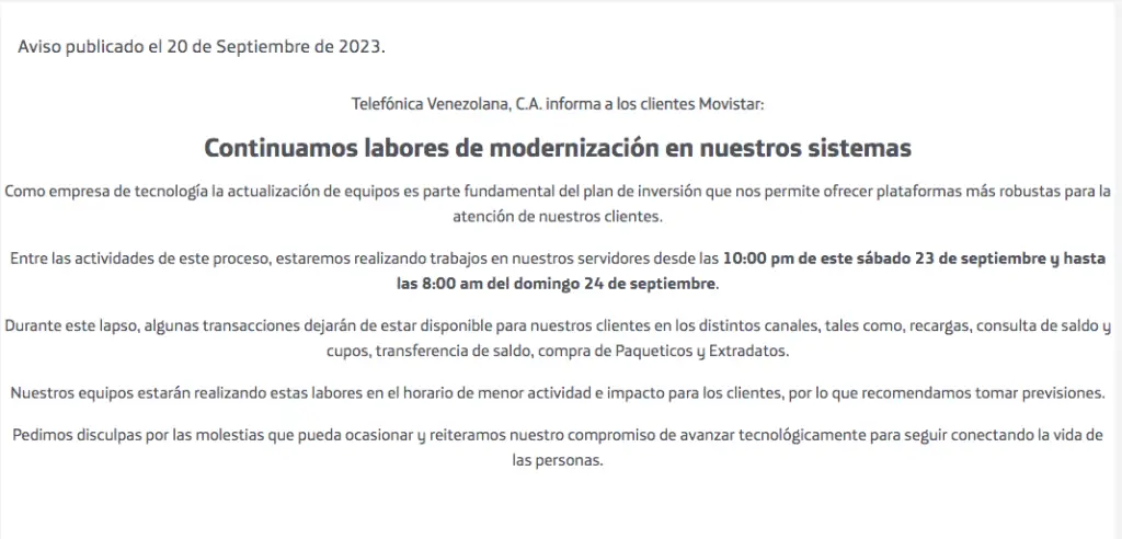 Servicios Movistar Venezuela suspendidos hasta el 24Sep