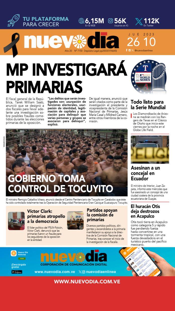 Portada jueves 26 de octubre de 2023