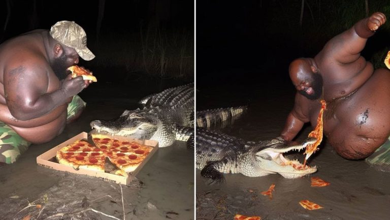 Imágenes de un hombre comiendo pizza y peleando con un caimán ¿son reales?
