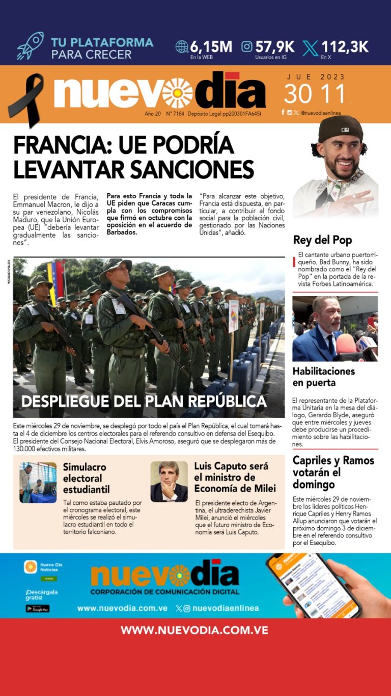 Portada jueves 30 de noviembre de 2023