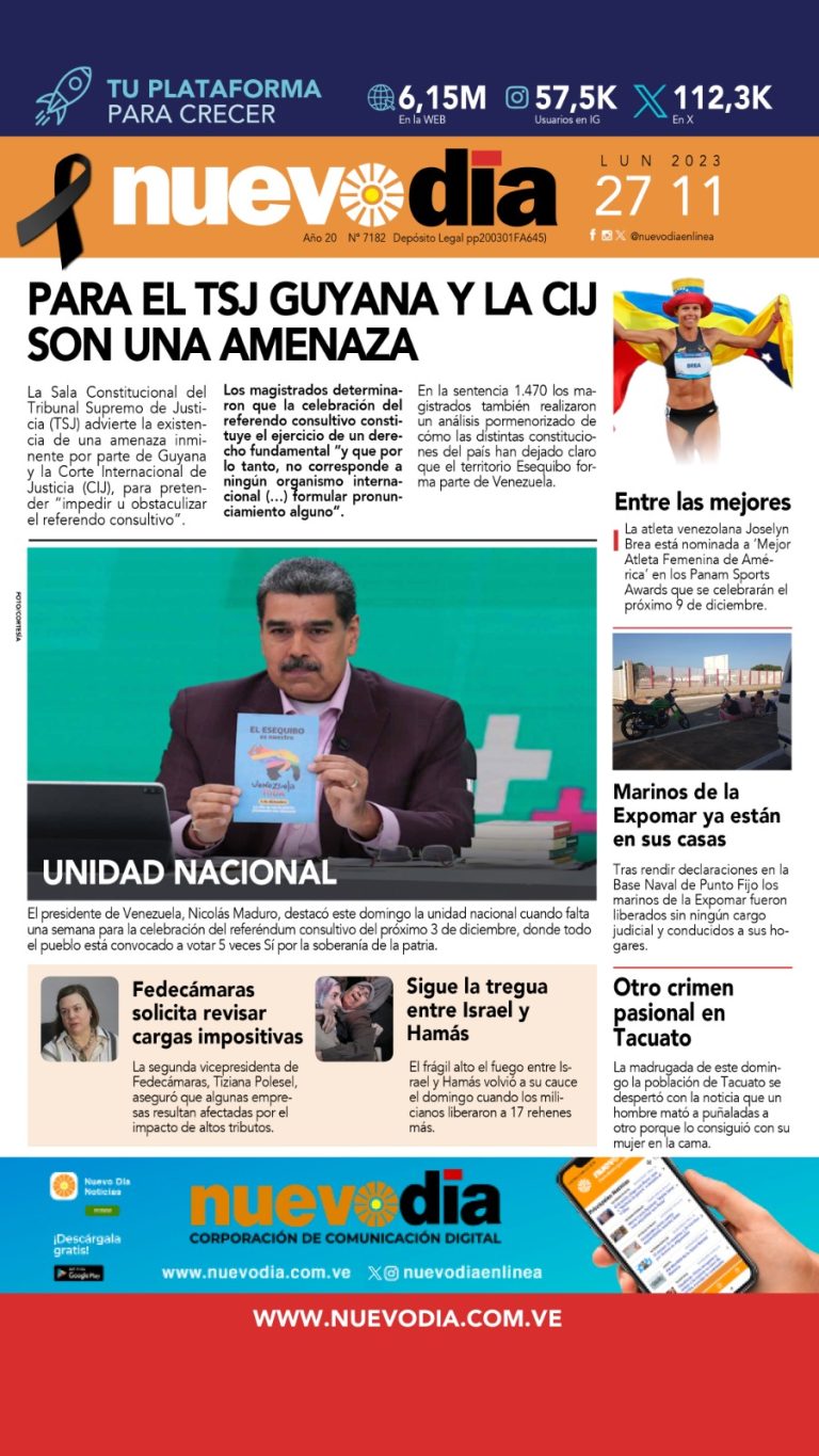 Portada lunes 27 de noviembre de 2023