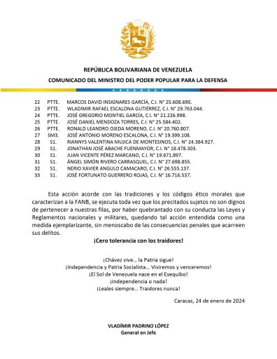 Lista de militares "conspiradores" nombra hasta un general