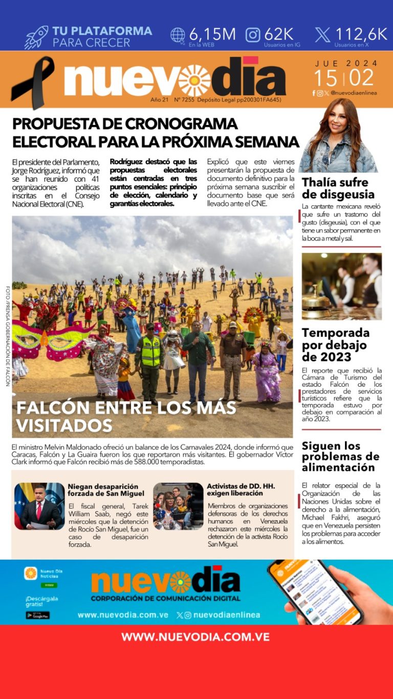 Portada jueves 15 de febrero de 2024