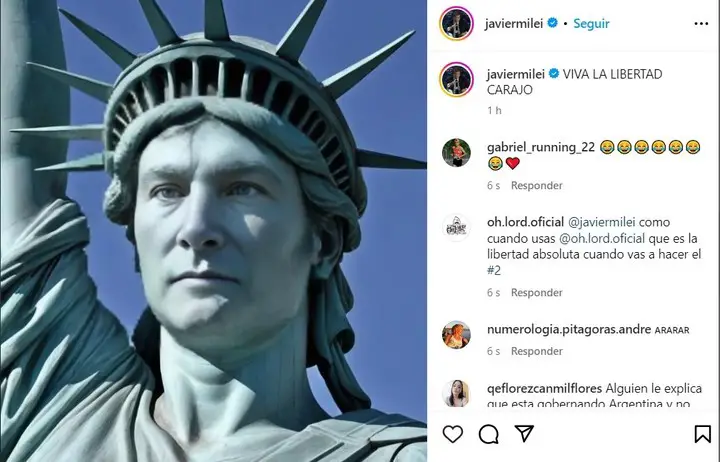 Milei publica foto de la Estatua de la Libertad con su rostro y las redes estallan