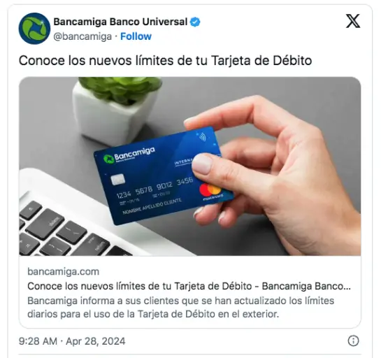 LO NUEVO | Bancamiga aumenta límites de tarjetas 