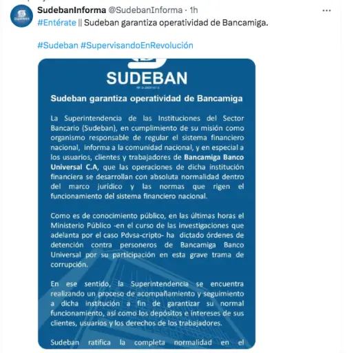 COMUNICADO | Sudeban se pronuncia por situación en Bancamiga