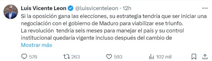 Si la oposición gana, debe negociar con Maduro: Luis V. León