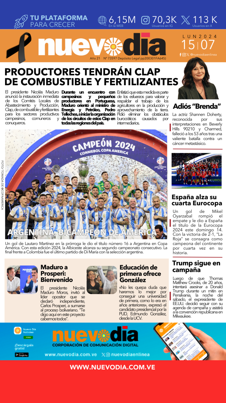 Portada lunes 15 de julio de 2024