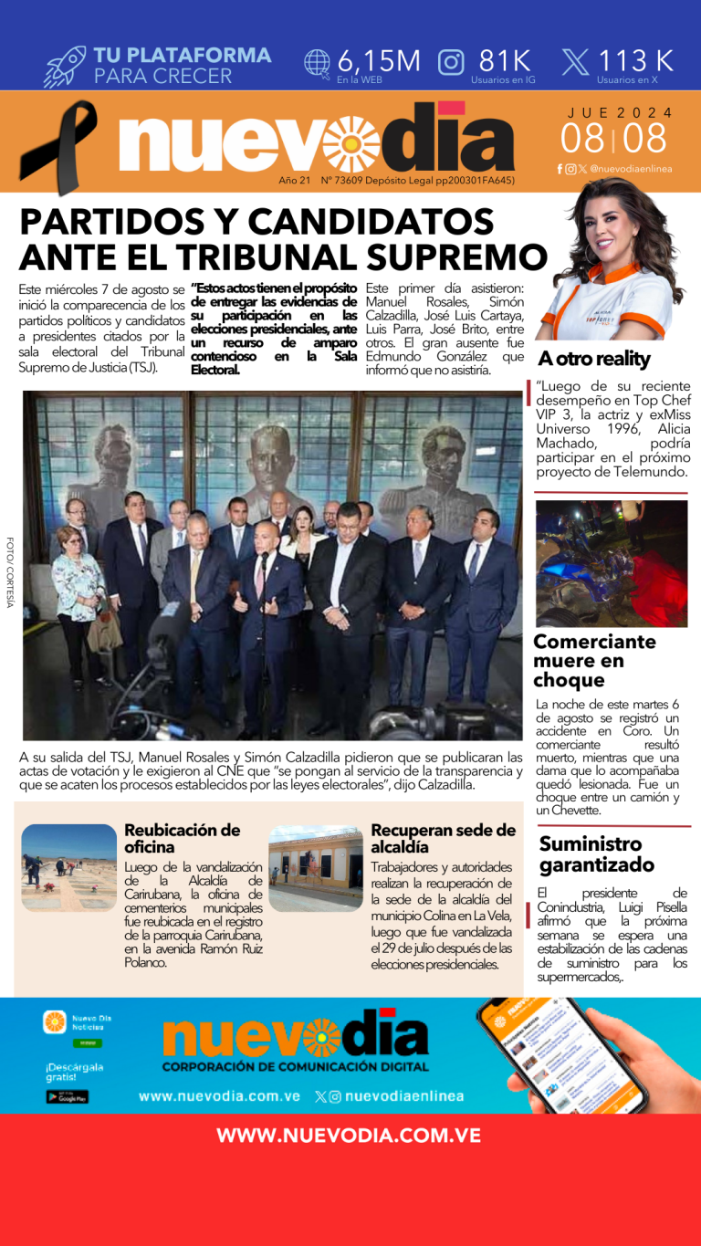 Portada jueves 8 de agosto de 2024