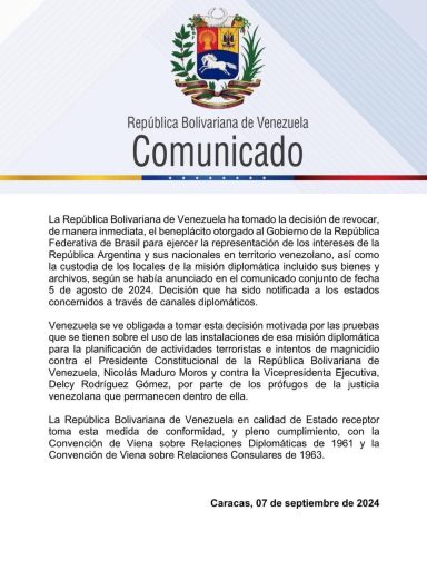 Venezuela retira apoyo a Brasil como representante de Argentina