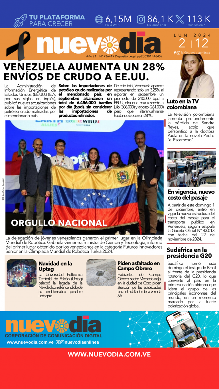 Portada lunes 2 de diciembre de 2024