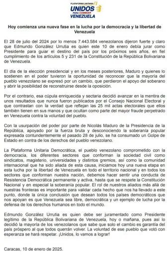 Maduro se juramentó: ¿Qué dice la Plataforma Unitaria?