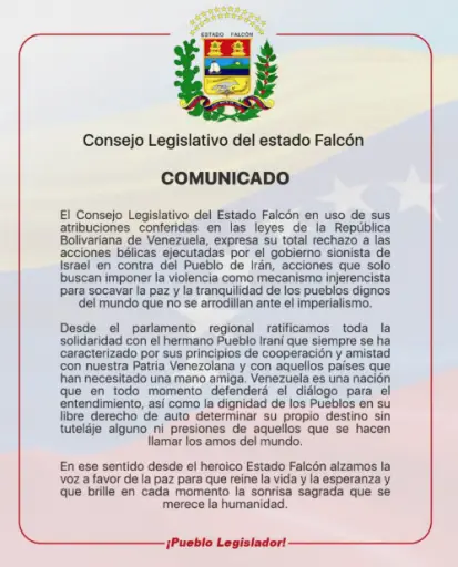 Este jueves los legisladores del Consejo Legislativo del estado Falcón emitieron una comunicación oficial a favor de la paz.