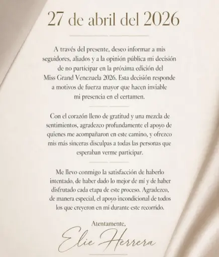 La edición de este año del Miss Grand Venezuela ha sufrido un revés importante tras el anuncio oficial de Elie Herrera.